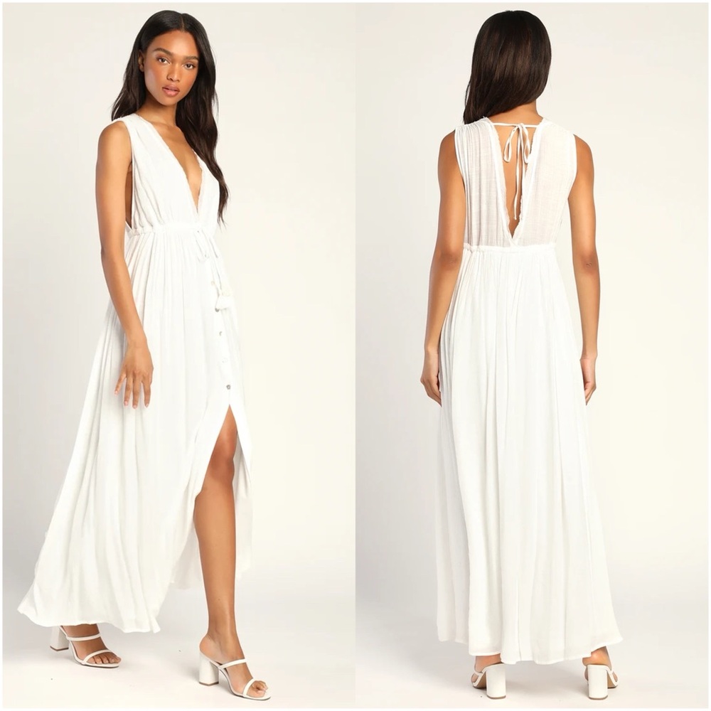 Lulus Mallorca Moments White Button-Up Maxi Dress NWT